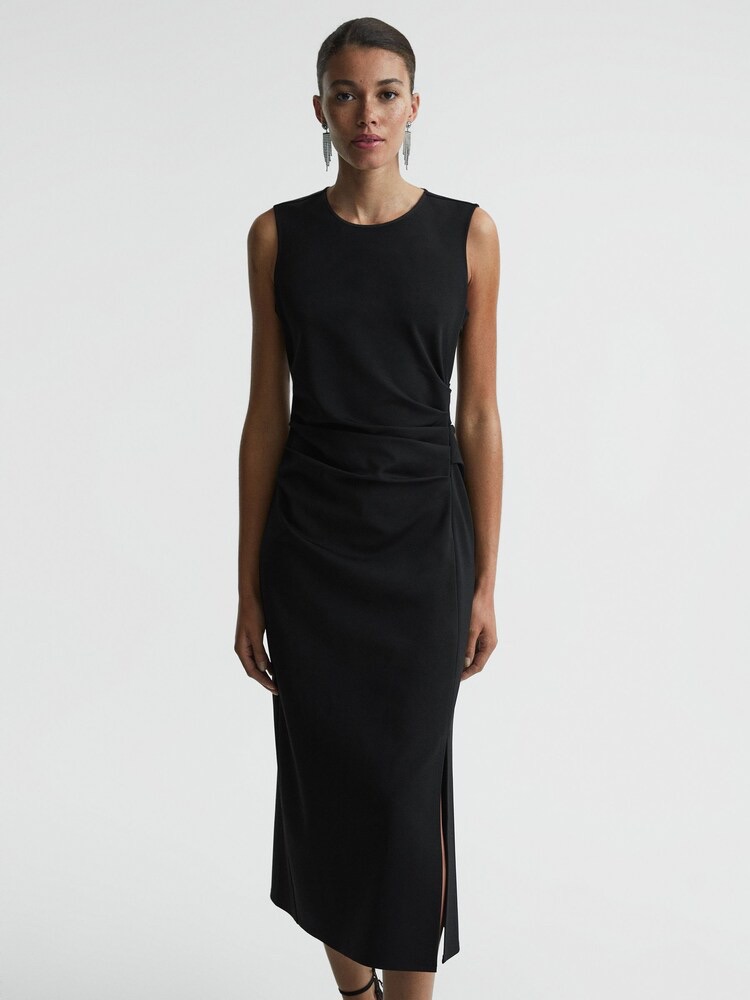 Reiss Skye Ruched Sleeveless Bodycon Midi Dress In Black Lbd Cocktail Party